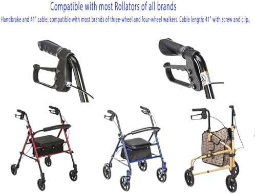 1Set Rollator Replacement Brakes,Walker Replacement Hand Brake,41 Inch Cable,Adjustable Wheel Lock,w/Hardware, Cable,Clip,Compatible with All Brands 3/4 Wheel Aluminum Steel Rollator,Universal Parts