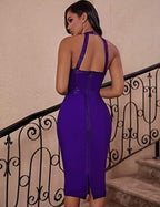 whoinshop Women's Bandage Halter V Neck Midi Cocktial Bodycon Club Party Dress