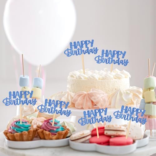 24 Pcs Glitter Happy Birthday Cupcake Toppers - Blue Celebrating Cake Picks for Baby Shower Kids Party Decoration Supplies