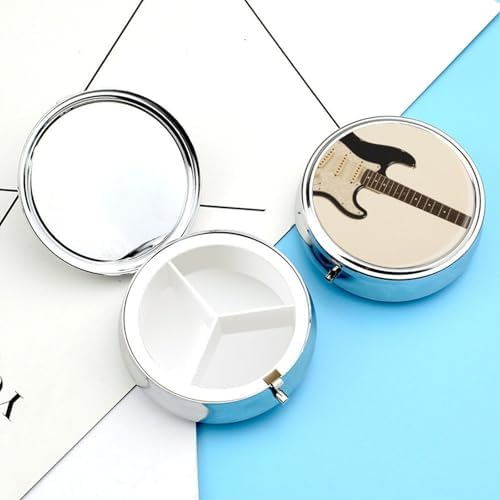 Electric Guitar Pill Box 3 Compartment Round Metal Pill Organizer Portable Mini Travel Medicine Case with Mirror Cute Medicine Container Holder for Pocket Purse