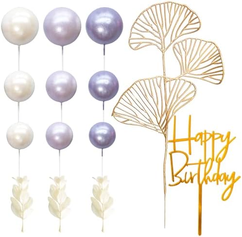 Gyufise 57Pcs Purple Balls Cake Topper Boho Grass Cake topper Pearl Balls Acrylic Happy Birthday Cake Decorations for Wedding Baby Shower Birthday Boho Themed Party Supplies Pearl Purple
