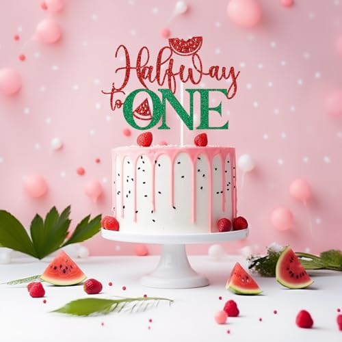 Red Glitter Half Way to One Cake Topper, Watermelon Sweet 6 Months Cake Décor, Summer Luau Hawaiian Watermelon Themed Baby's 1st Birthday Party Decorations Supplies
