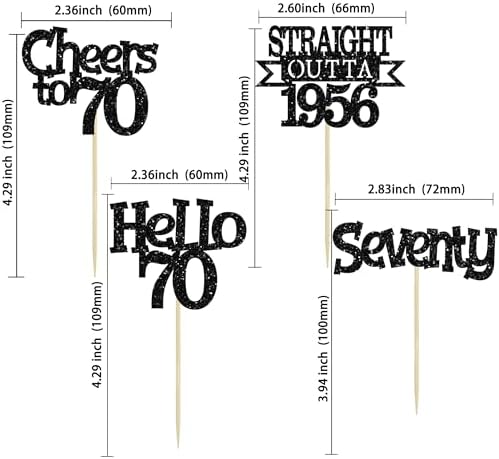 Ephlyn 24Pcs Happy 70th Birthday Cupcake Toppers Glitter Straight Outta 1956 Cupcake Picks Hello 70 Cheers to 70 Years Birthday Cake Decorations for 70th Birthday Anniversary Party Supplies Black