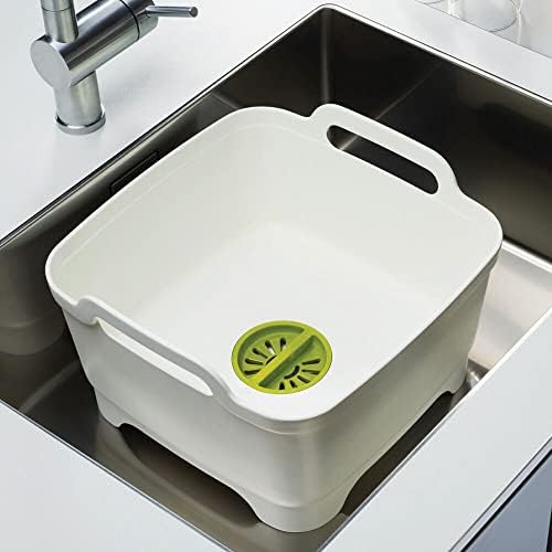 Joseph Joseph Wash & Drain Kitchen Dish Tub Wash Basin with Handles and Draining Plug, 9 liters/2.3 Gallons, White/Green