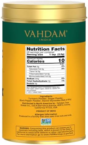 VAHDAM, Golden Milk Powder/Turmeric Ginger Latte Mix (100g, 40 Cups) Caffeine-Free | Powerful Curcumin, Turmeric Powder & Ginger | Brew Hot/Iced Tea