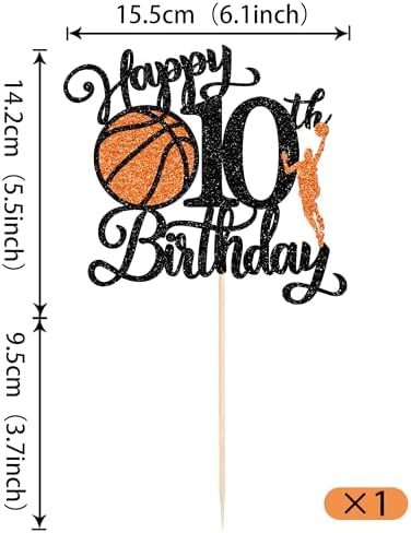 Rsstarxi 1 Pack Happy 10th Birthday Cake Topper Black Glitter Basketball Sports Cake Pick Cheers to 10 Years Cake Decorations for Basketball Theme Birthday Party Supplies