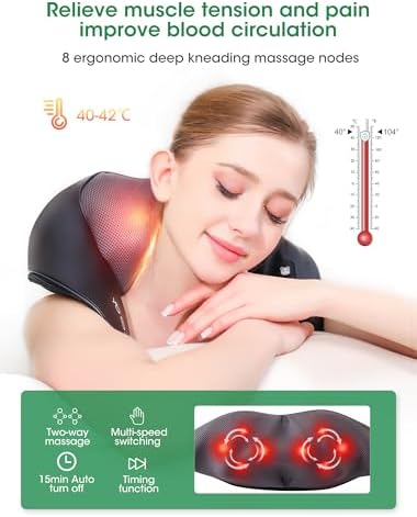 Shiatsu Neck and Back Massager with Heat for Pain Relief Deep Tissue, YoooJOY Electric 4D Kneading Massage Pillow for Shoulder, Leg, Body Muscles, Home/Office/Car Use, Best Gifts for Men/Women/Mom/Dad