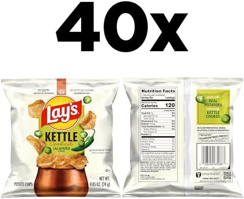 Lay's Kettle Cooked Potato Chips, Jalapeno, 0.85 Ounce (Pack of 40)