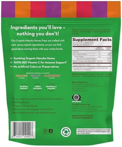 Wedderspoon Organic Manuka Honey Lollipops, Variety Pack, 70 Count (Pack of 1) Genuine Manuka Honey + Vitamin C No Artificial Flavors or Dye Feel Better Lollipop for Kids & Grown-ups