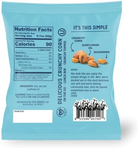 LOVE CORN Sea Salt – Crunchy Roasted Corn Snack, 3 Simple Ingredients, Gluten Free, Non-GMO, Vegan – Alternative to Chips, Nuts & Crackers – Lunchbox, Office & On-the-Go Snacks – 0.7oz × 20 Bags