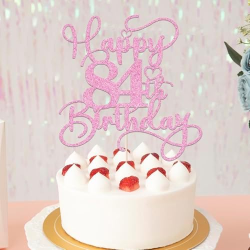 Pink Happy 84th Birthday Cake Topper 1pcs Glitter Cake Topper for One Birthday/Anniversary Theme Party Cake Decorations Supplies (84th)