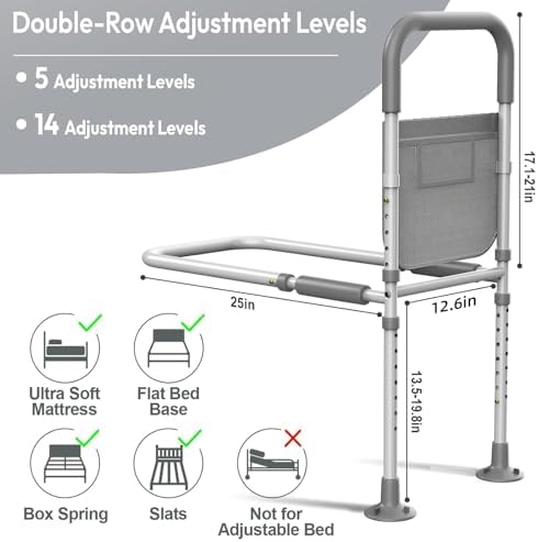 Bed Rails for Elderly Adults Safety: ASTM Approved Adjustable Bed Assist Rail for Seniors with Storage Bag & Non-Slip Handle - Bedside Grab Bar Supports up to 350 Lbs - Fits King Queen Full Twin Bed