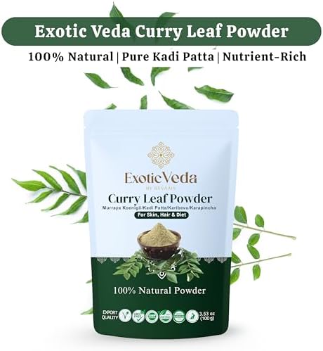 Exotic Veda Curry Leaf Powder – Kadi Patta (Murraya koenigii) | Vegan, Non‑GMO, Additive‑Free Indian Spice | Rich in Antioxidants & Nutrients for Cooking, Hair & Skin Benefits – 100 g (3.53 oz)