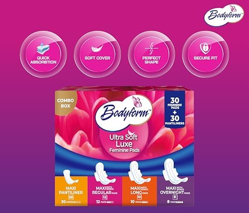 Bodyform Luxe Feminine Care Value Combo Pack, Variety Pack, Cushion-Soft & Ultra-Absorbent, Daily Freshness & Protection (60 Count)