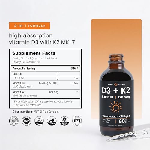 NutraChamps Vitamin D3 K2 Drops, Liquid Vitamin D3 5000 IU & K2 D3 with MK7, Vitamin D Drops for Kids, Bones, Heart & Immune Health, Liquid Vitamin D in MCT Oil for Better Absorption