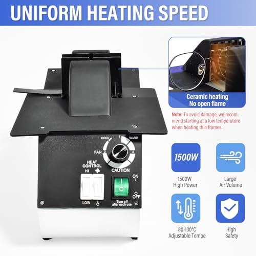 Eyeglasses Frame Heater, 1500W Optical Glasses Frame Heater Warmer, 110V Eyeglass Heating Equipment, Hot and Cold Switching, 80℃-130℃ Adjustable Temperature