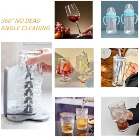 Bar Glass Washer Glass Cleaning Brush with Suction Base 360-Degree Triple Head Design Bottle and Cup Scrubber for Kitchen Sink (Light Gray)
