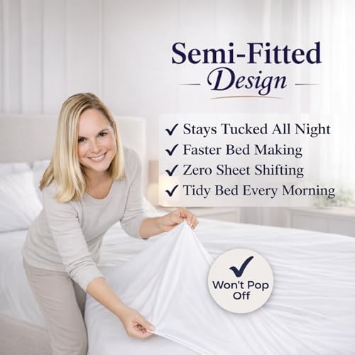 Sheets - Queen Sheet Set | 4-Piece Organic Cotton Percale, 1 Semi-Fitted No-Tuck Top Sheet, 1 Fitted Sheet & 2 Pillowcases | Easy Bed Making, Adjustable Bed | White/Charcoal Trim