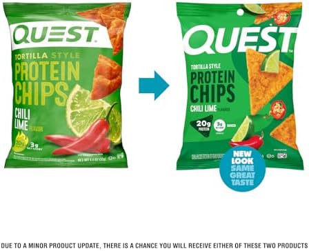 Quest Nutrition Chili Lime Tortilla Style Protein Chips, 20g Protein, 3g Net Carbs, Low Carb, Gluten Free, 1.1 oz (Pack of 12)