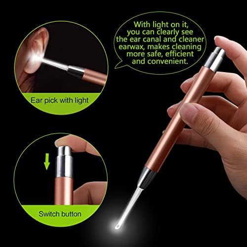 4 Pack Ear Pick with Light, Ear Cleaner Ear Wax Removal Tool Kit for Kids and Adults, Ear Picks Digger & Tweezers & Spiral Spring Ear Spoon Set with Storage Box (Rose Gold)