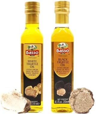 BASSO 1904 Black & White Truffle Oil Set – 2 Bottles x 8.5 fl oz (250ml) – High-Concentration Italian Extra Virgin Olive Oil with Real Black Winter & White Alba Truffles – Gourmet Finishing Oil for Pasta, Risotto & Pizza – Imported from Italy