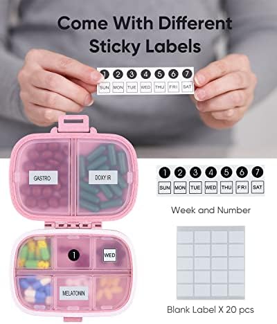 Holii Travel Pill Organizer, 8 Compartments Portable Pill Case, Daily Pill Box to Hold Vitamins, Small Pill Container for Pocket Purse Medicine Organizer（Pink）