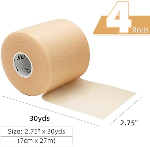 OK TAPE Pre Wrap Tape (4-Rolls, 120 Yards) - Athletic Foam Underwrap for Sports, Protect for Ankles Wrists Hands and Knees, 2.75 Inches - Beige