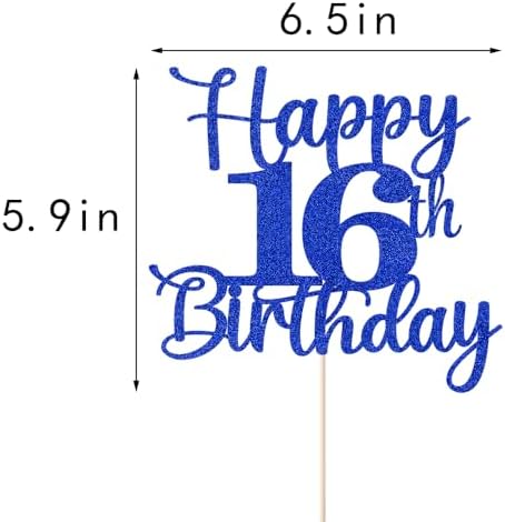 Kaoenla Glitter Happy 16th Birthday Cake Topper,Hello 16，Cheers to 16 Years,16th Anniversary /16 years old birthday Party Deco(16th, blue)