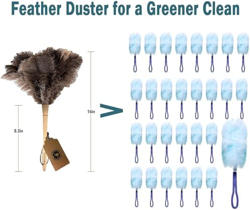 Ostrich Feather Duster for Cleaning-Furniture Dusters with Handle Ddzmz Hand Duster with Fluffy Natural Genuine Feather Reusable Household Duster, Gray and Brown(Length 16")