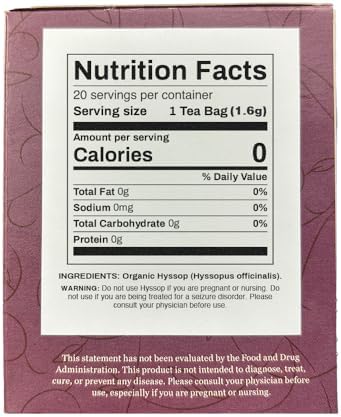 Organic Positively Botanicals Company, Hyssop Herbal Tea Bags, 20 Count