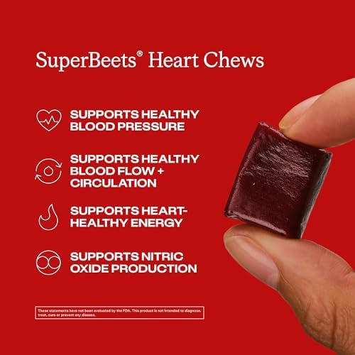 Humann SuperBeets Heart Chews, Beet Root Powder Support Energy Supplement, Nitric Oxide and Blood Pressure Support, Grape Seed Extract & Non-GMO, Heart Health, Pomegranate Berry Flavor, 60 Count