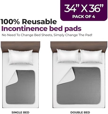 Epicessentials Incontinence Bed Pads Washable Waterproof - 34" x 36" Reusable Underpads Chucks Holds Up to 6 Cups - 500 GSM Heavy Absorbency Pee Pads for Adults, Dogs and Kids - 4 Pack - Grey/White