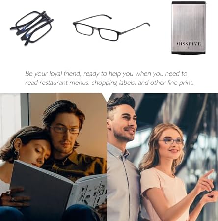 Missfive Premium Folding Reading Glasses Blue Light Blocking for Men Women, Ultra Thin Foldable Portable Travel Readers with Durable Pocket Metal Case, Black Lightweight Compact Eyewear 1.75x