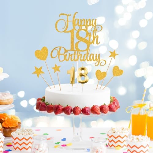 18th Birthday Cake Decorations, 18th Birthday Candles Cake Numeral Candles and Glitter Happy 18th Birthday Cake Toppers Set for Birthday Party Supplies (Gold)