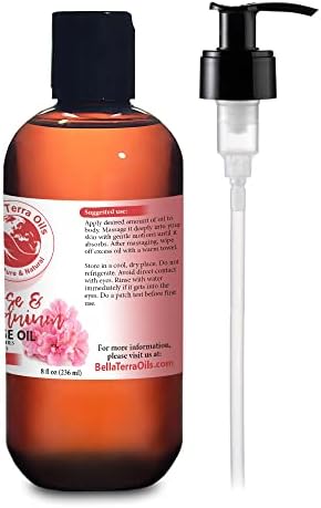 Rose and Geranium Massage Oil Without Mineral Oil. 8 oz. Full Body Massage Therapy. Soothes Body and Mind. Made with Olive Oil, Sesame Oil, Sunflower Oil, Aloe Vera, Geranium Oil, Rose Oil.