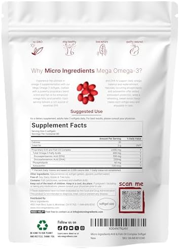 Mega Omega-3 Krill & Fish Oil 2,000mg Equivalent, 240 Softgels | Lemon Flavored | Burpless | Essential Fatty Acids & Astaxanthin | EPA 350mg + DHA 230mg | Heart & Brain Supplement
