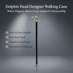 Nautical Dolphin Head Handle Walking Cane | Silver Brass Antique Style Wooden Walking Stick for Men & Women, Decorative Collectible Maritime Design