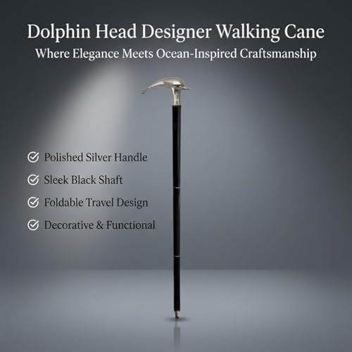 Nautical Dolphin Head Handle Walking Cane | Silver Brass Antique Style Wooden Walking Stick for Men & Women, Decorative Collectible Maritime Design