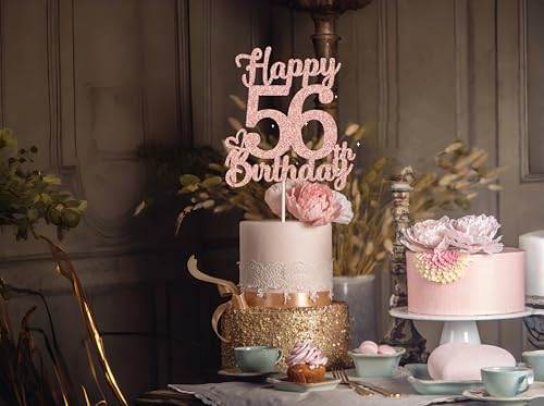 56 Birthday Cake Toppers-Rose Gold Glitter, Happy 56th Cake Topper for Men,56 Cake decorations For Women, 56 birthday decorations Fifty six