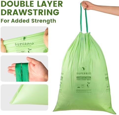 SUPERBIO 13 Gallon Compostable Drawstring Kitchen Waste Bag, 49.2 Liter, 30 Count,1 Mil, Heavy Duty Food Scrap Bags, BPI, Seedling and OK compost INDUSTRIAL