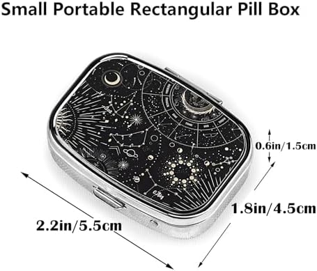 ABLESKY Pill Box, 2 Compartment Pill Organizer Case for Pocket or Purse, Small Portable Metal Travel Medicine Box with Mirror, Daily Vitamins Fish Oil Container-Tarot Constellation Moon Sun