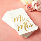 Juvale Wedding Napkins Mr & Mrs - 4 x 8 In, 3-Ply White & Gold, 50 Count - Disposable Bridal Shower & Reception Beverage Napkins