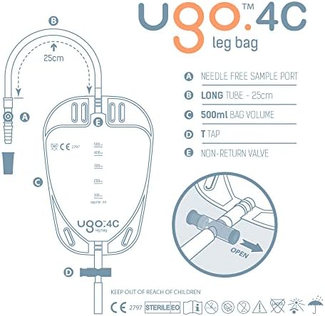 Ugo Leg Bags (x10) – Urine Drainage Bags/Catheter Leg Bags, T Tap or Lever Tap with Soft Fabric Backing and a Natural Leg-Shape Design (Pack of 10) (Ugo 4C - 500ml, Long Tube, T Tap)