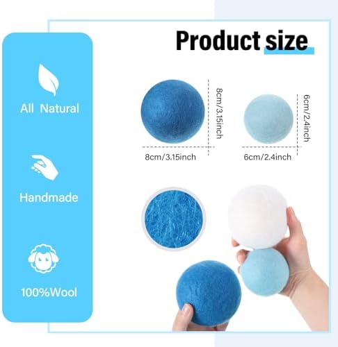 24 Pack Blue Wool Laundry Balls, 3.15'', 2.4'' Reusable Laundry Wool Dryer Balls Natural No Lint Fabric Softener for Clothing Wrinkles