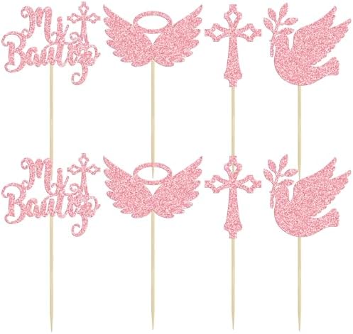 Gyufise 24Pcs God Bless Mi Bautizo Cupcake Toppers Glitter Dove Cross Baptism Cupcake Picks for Religious God Bless Baptism Theme Baby Shower Kids Birthday Party Decorations Supplies Pink