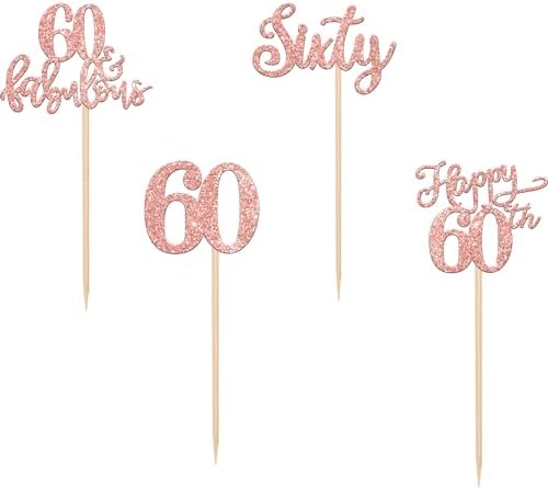 Rsstarxi 24 Pack 60th Birthday Cupcake Toppers Glitter 60 Fabulous Cake Decorations Sixty Happy 60 Birthday Cupcake Toothpicks for 60th Birthday Anniversary Party Decorations Rose Gold
