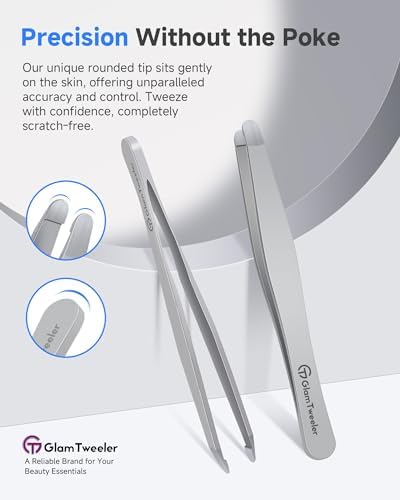 Premium Hand-Made Tweezers with Safe Rounded Tip & Comfort Spring for Pain-Free Plucking, Thick Stainless Steel for Precise Grip on Eyebrows & Facial Hair, Designed for Women and Men