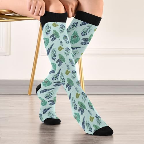 Green Peacock Feathers Compression Socks for Women and Men 20-30 mmHg Knee High Socks for Nurses Travel Socks 1 Pair