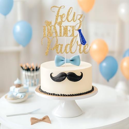 Feliz Dia Del Padre Cake Topper, Happy Father's Day Cake Topper, Feliz Dia Papa, Happy Father's Day Party Decorations Supplies (Gold Glitter)