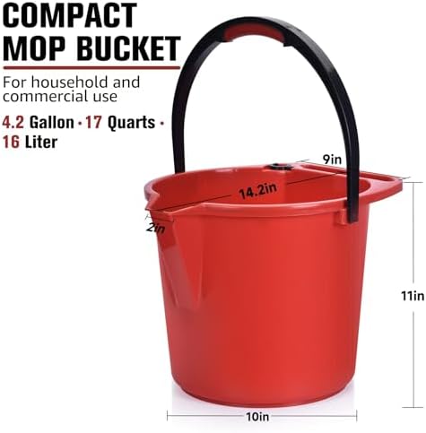 Matthew Cleaning 4.2 Gallon Mop Bucket, Heavy Duty Plastic Cleaning Bucket with Built-in Pour Spout, Mop Holder and Comfort Grip Handle, House and Commercial Cleaning Supplies, 1 Pack Red